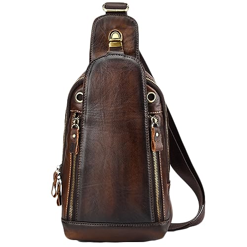 Karoukee Vintage Schultertasche für Männer, Echtes Leder Umhängetaschen, Mehrzweck Herren Brusttasche, Reise Schulter-Rucksack für Tablet unter 9,7" von Karoukee