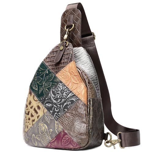 Karoukee Vintage Umhängetasche für Frauen, Echtes Leder Brusttasche, Damen Mehrfarbige Sling Rucksack, Patchwork Design, Geeignet für Outdoor-Sport, Wandern, Radfahren, Reisen von Karoukee