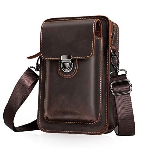 Karoukee Kleine Herren-Umhängetasche aus Leder – wandelbare Vintage-Crossbody-Tasche mit Handytasche, coffee, Small, HB-021, Braun von Karoukee