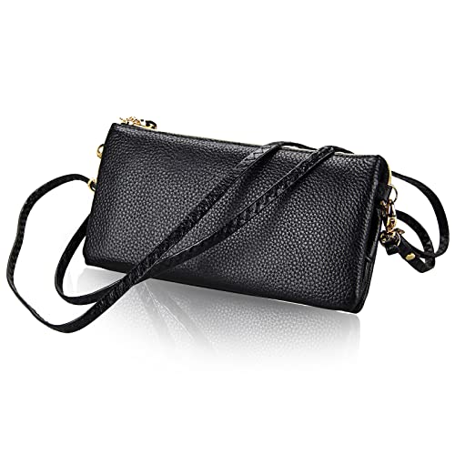 Kleine Rechteckige Mehrzweck Damen Umhängetasche, leichte und kompakte Handytasche aus genarbtem Rindsleder, einfache und klassische Frauen Clutch mit separaten Fächern und verstellbarem Schultergurt von Karoukee