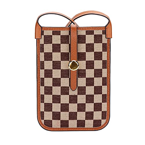 Moderne Plaid Canvas und Leder Genähte Kleine Damen Handy Umhängetasche, Designer Stilvoll und Lässige Telefon Umhängetasche für Frauen, Leichte und Praktische Handtasche, Feste Schultergurte von Karoukee