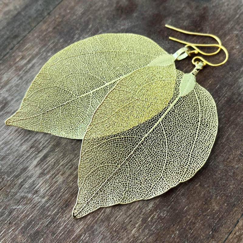 Echtes Blatt Ohrringe Gold Ohrhänger Mit 18K Vermeil Ohrhaken von KarousosJewelry