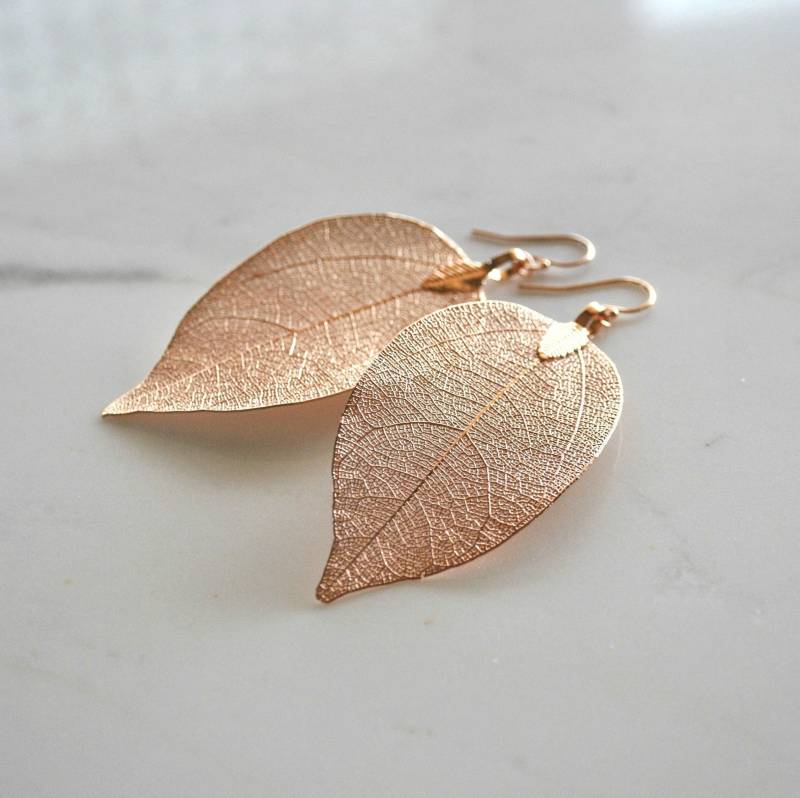 Echtes Blatt Ohrringe Rose Gold Baumeln Herbst Natürlicher Schmuck Einzigartiges Geschenk Hochzeit Leichte von KarousosJewelry