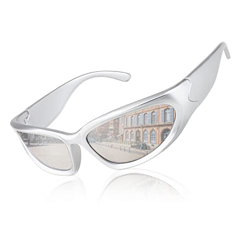 Karsaer Futuristisch Sonnenbrillen,Fahrradbrille für damen herren,Radsportbrillen Sportbrille UV400,Schmale Wrap Gläser Spiegel，Wandern Laufen Golfen Fischen K7805 von Karsaer