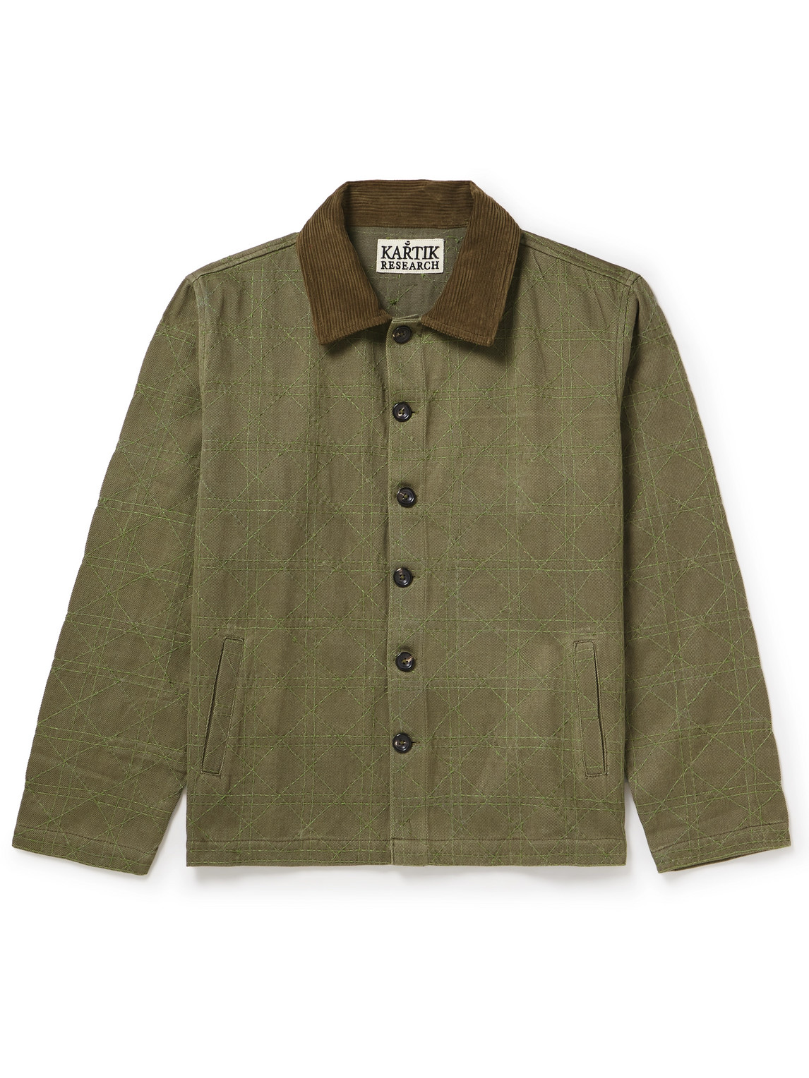 Kartik Research - Cropped Corduroy-Trimmed Embroidered Cotton-Canvas Jacket - Men - Green - M von Kartik Research