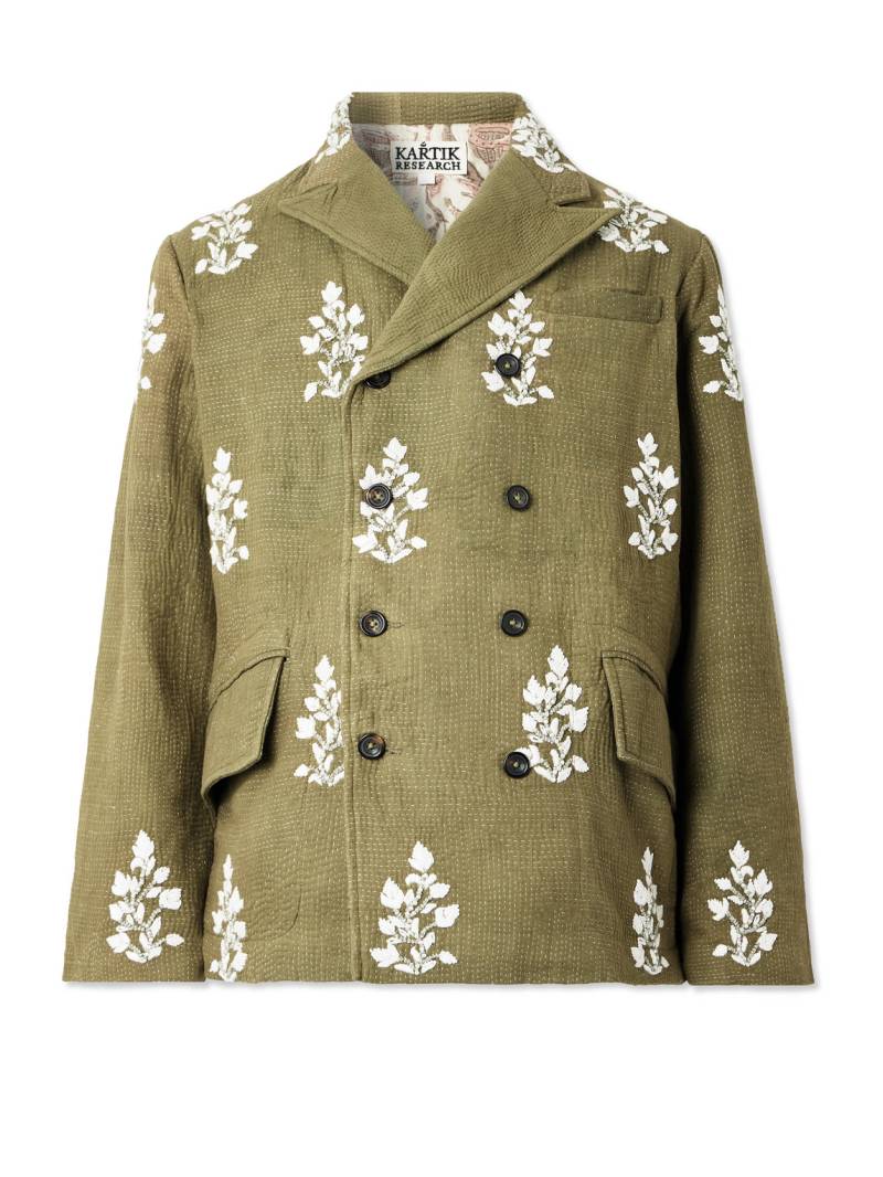 Kartik Research - Double-Breasted Embellished Embroidered Kantha Cotton Blazer - Men - Green - S von Kartik Research
