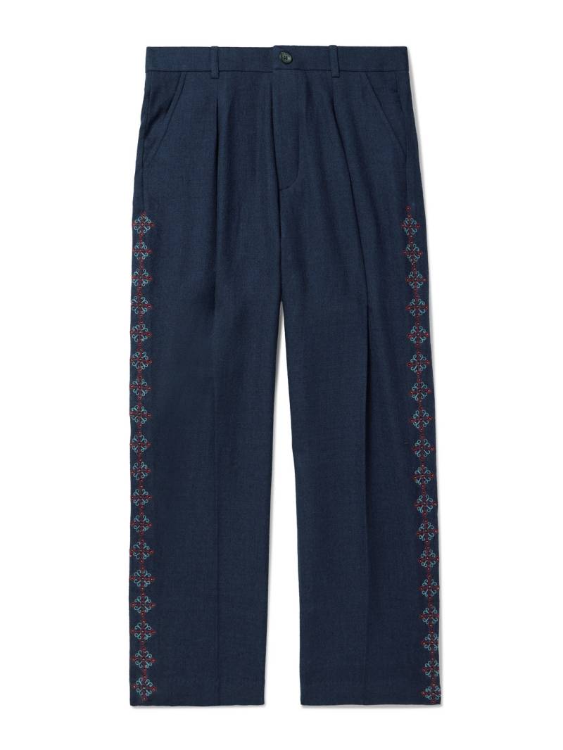 Kartik Research - Pleated Embroidered Wool Straight-Leg Trousers - Men - Blue - UK/US 34 von Kartik Research