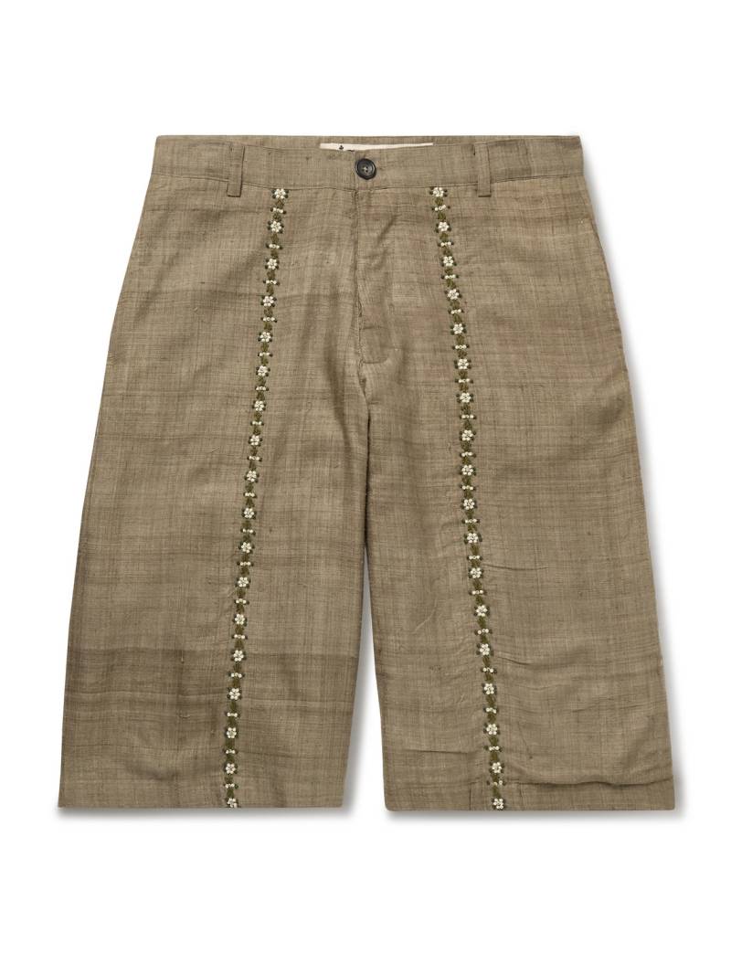 Kartik Research - Straight-Leg Embellished Slub Silk-Voile Shorts - Men - Green - UK/US 38 von Kartik Research