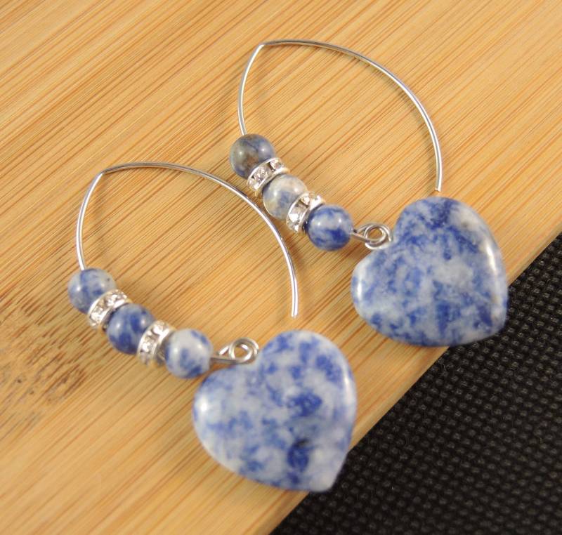 Blauer Sodalith, Herz, Edelstein, Statement, Baumeln Tropfen, Mode, Perlen Ohrringe, Edelstahl, Ovale Haken von KartikaEarrings