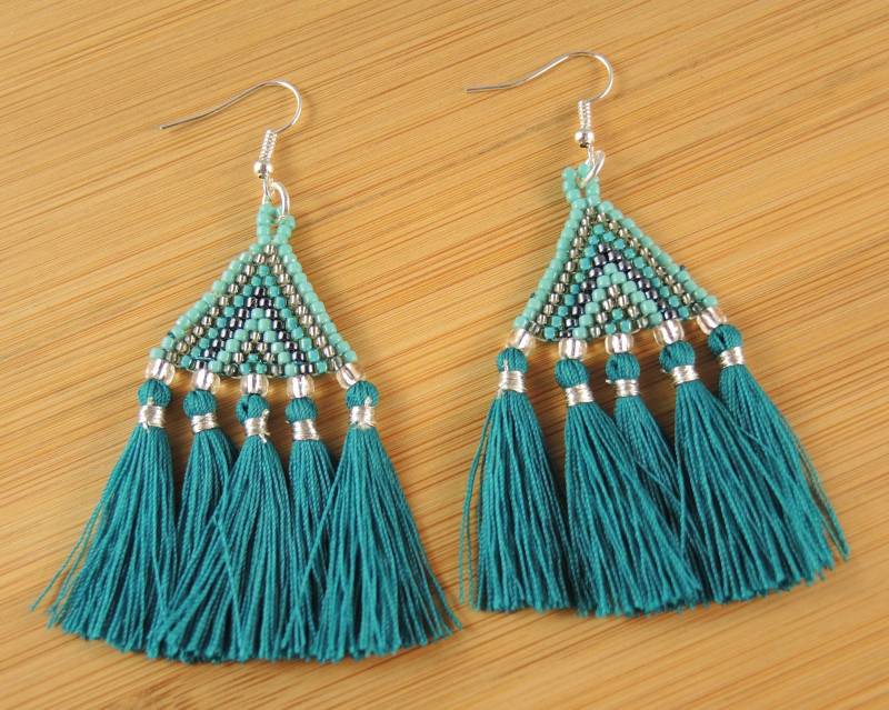Miyuki Perlen Quasten Ohrringe Grün Silber Blau Boho Anhänger von KartikaEarrings