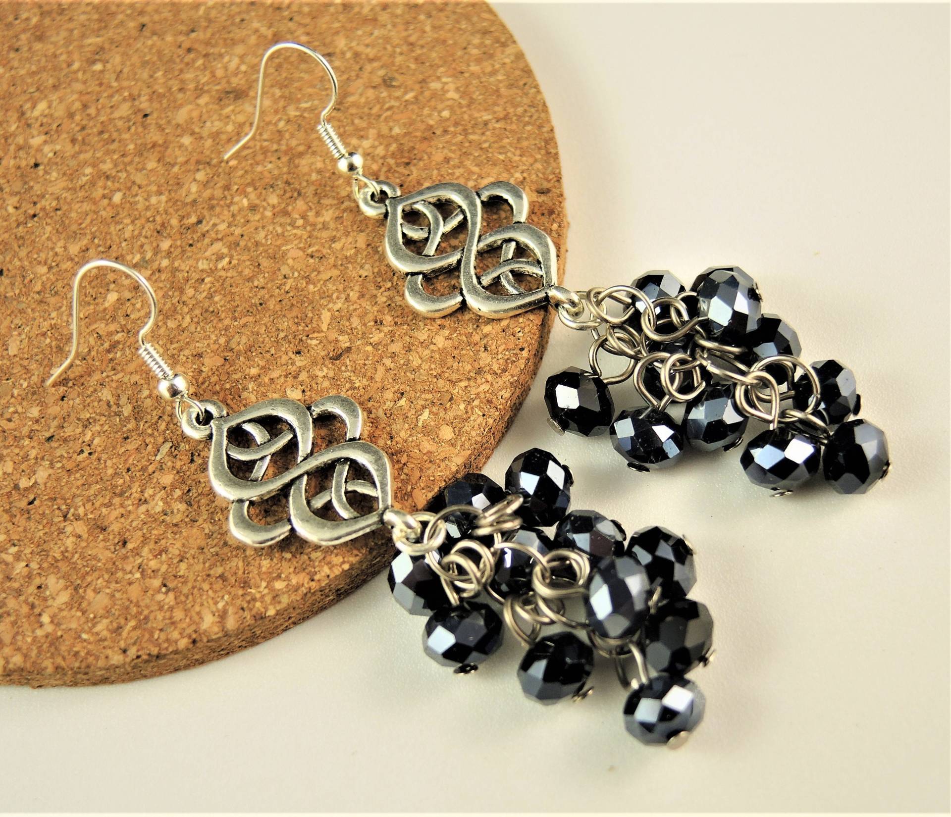 Schwarz, Cluster Glas, Antik Silber, Mode, Statement, Baumeln Tropfen Ohrringe, Versilberte Haken # 578 von KartikaEarrings