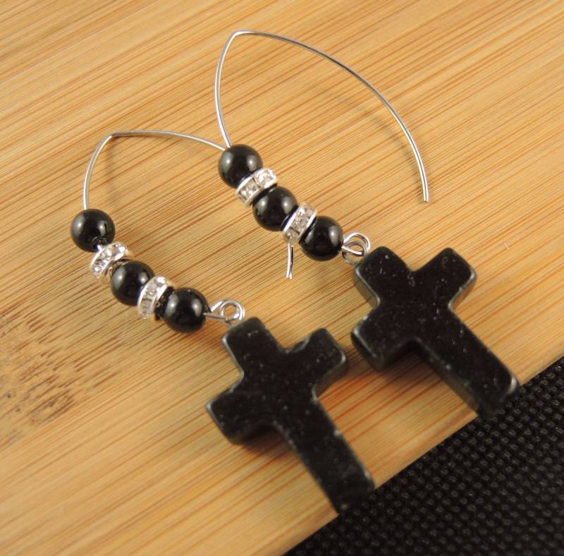 Schwarz Achat, Kreuz Edelstein, Statement Paar, Baumeln Mode, Perlen Ohrringe, Edelstahl, Ovale Haken von KartikaEarrings