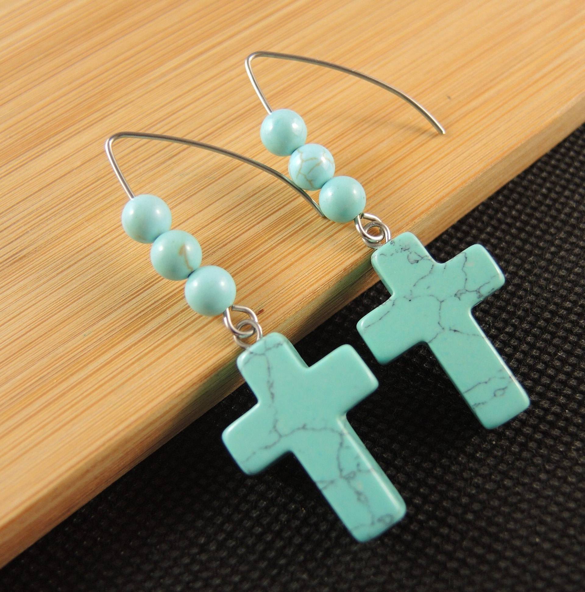 Türkis Kreuz Baumeln Ohrringe Perlen Edelstahl Haken von KartikaEarrings