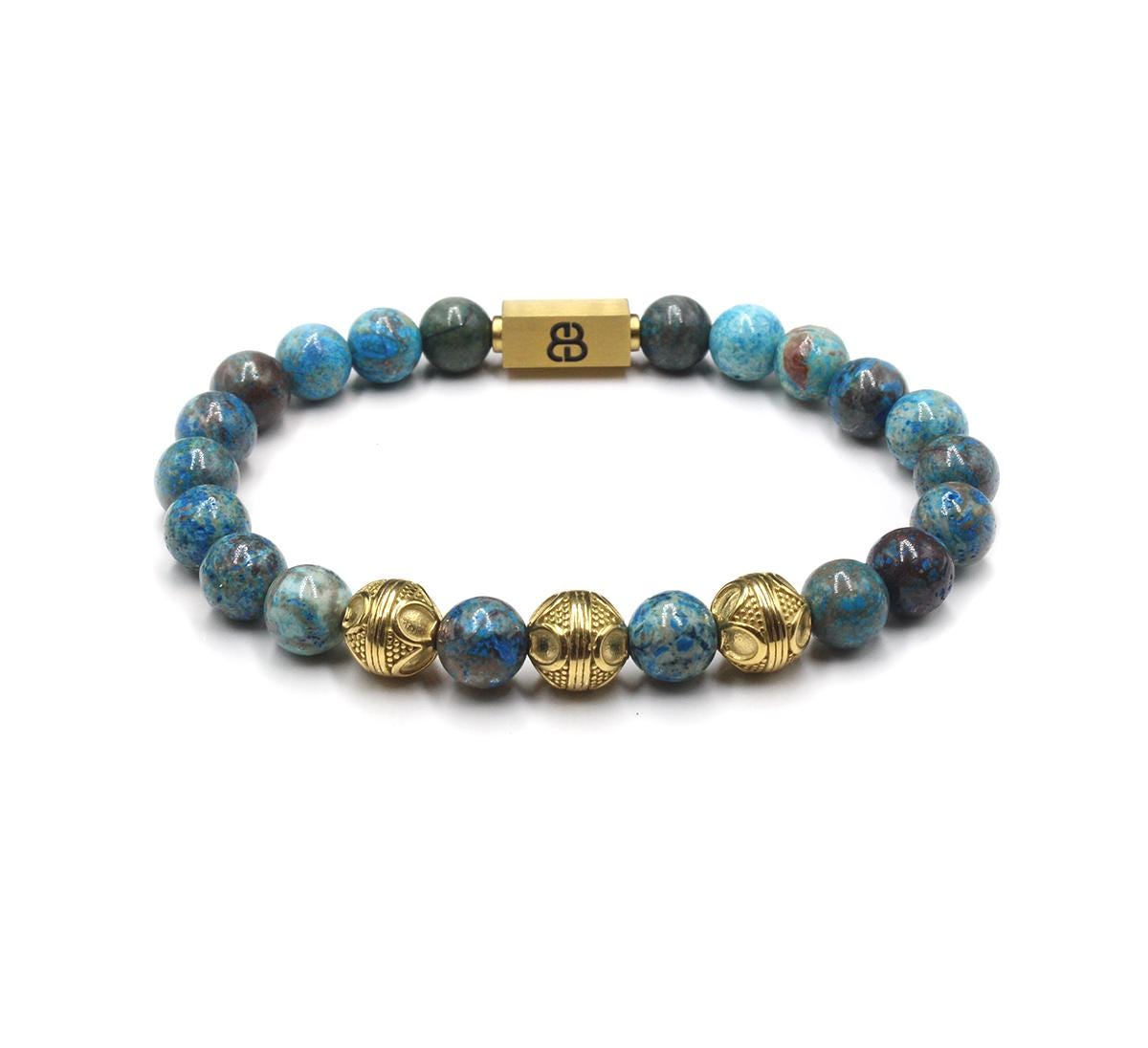 Blauer Jaspis Armband, Herren Armband Und Gold Perlen Perlenarmband Mann von KartiniStudio