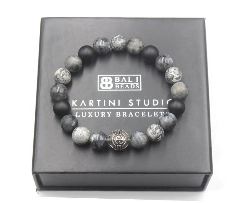 Herren Armband, Mixed Stone Onyx, Larvikit, Und Grey Jaspis Stein Sterling Silber Perlenarmband Mann von KartiniStudio