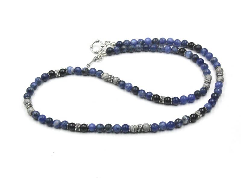 Herren Halskette, Sodalith, Onyx Und Grau Jaspis Steinperlen Halskette Für Männer, Mixed Stone Sterling Silber Perlen von KartiniStudio