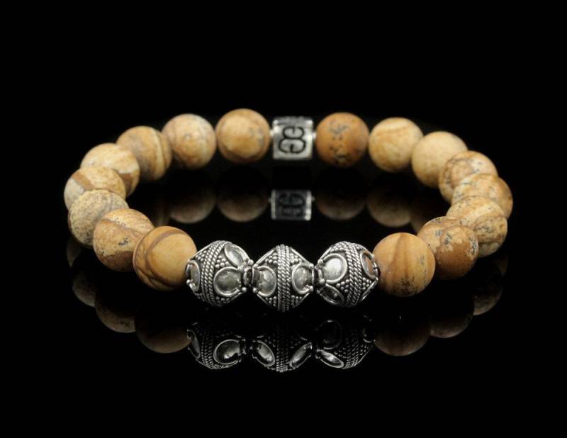 Herren Matt Bild Jaspis Armband, Und Sterling Silber Perlen Armband von KartiniStudio