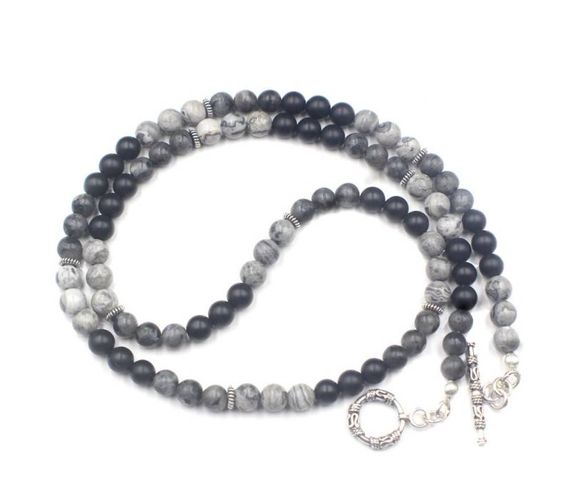 Herrenkette, Grauer Jaspis, Onyx Und Larvikit Halskette, Steinperlen Perlenkette Männer, 6 Mm Perlen Jaspeer Halskette von KartiniStudio