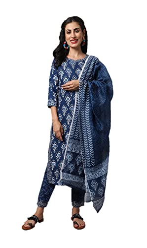 Indische Partykleidung Kurta Set für Damen mit Dupatta Kurti Tops mit Hosenhose Set, blau/weiß, Small von Kartutva