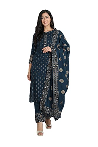 Indische Partykleidung Kurta-Set für Damen mit Dupatta-Kurti-Tops und Hose, Morpinch Blue & Golden, L von Kartutva