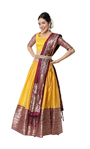 Indischer Stil Lehenga Choli Kleid für Damen, komplett genäht, Hochzeitskleid, Partykleid, Gelb und Kastanienbraun, Medium von Kartutva