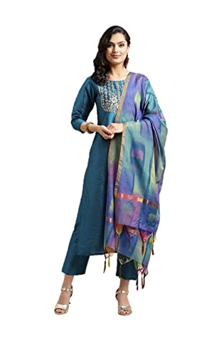 Kurta-Set für Damen mit Dupatta, indische Partybekleidung, Kurti-Tops mit Palazzo-Hosenhosen-Set, Blaugrün, X-Large von Kartutva