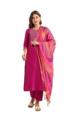 Kurta-Set für Damen mit Dupatta indischen Partykleidung Kurti Tops mit Palazzo Hosen Set, Magenta und goldfarben, Small von Kartutva