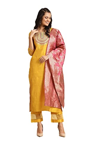 Kurta-Set für Damen mit Dupatta indischen Partykleidung Kurti Tops mit Palazzo Hosen Set, Gelb 2, Medium von Kartutva