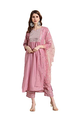 Kurta-Set für Damen mit Dupatta indischen Partykleidung Kurti Tops mit Palazzo Hosen Set, Rosa und silberfarben, Large von Kartutva