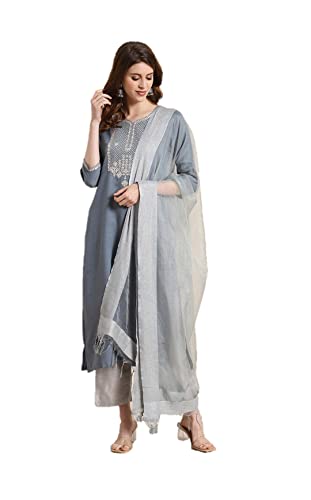 Kurta-Set für Damen mit Dupatta indischer Partykleidung Kurti-Tops mit Palazzo-Hosen-Set, blau / silber, Groß von Kartutva