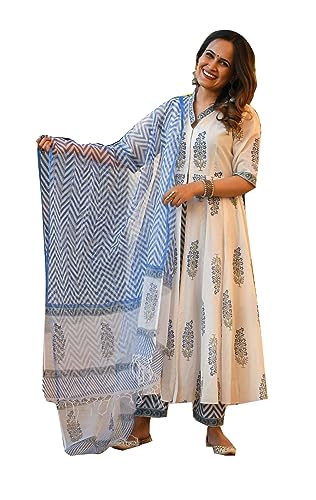 Kurti Set für Damen mit Dupatta Indian Party Wear Kurta Tops mit Hose Hose Set, weiß/blau, Large Kurti Set für Damen mit Dupatta Indian Party Wear Kurta Tops mit Hose Hose Set, weiß/blau, Large von Kartutva
