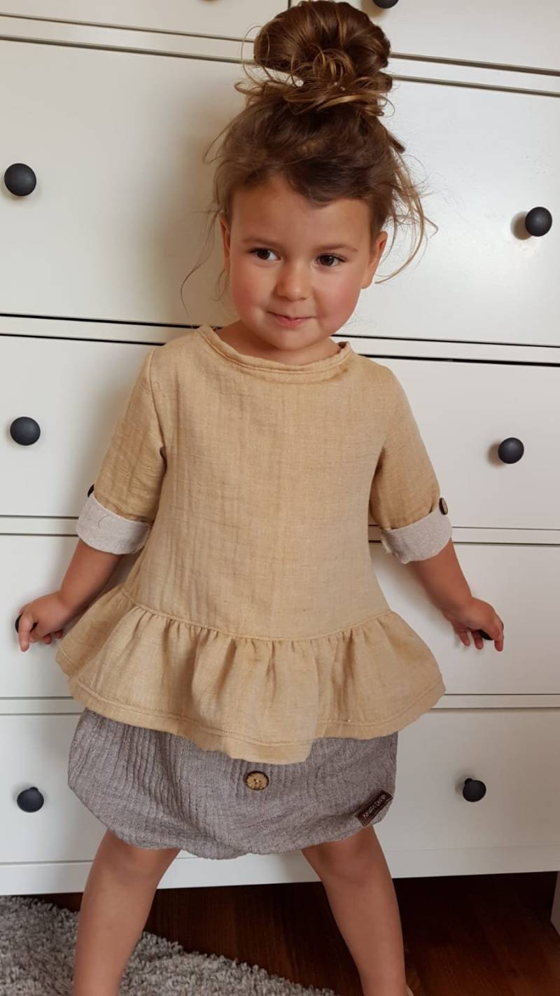 Bluse Tunika Aus Musselin Mit Dreiviertelarm in Senf Melange Optional Rock Und Tuch Für Schuleinführung Geburtstag Hochzeit Freizeit von KaruschlDesign