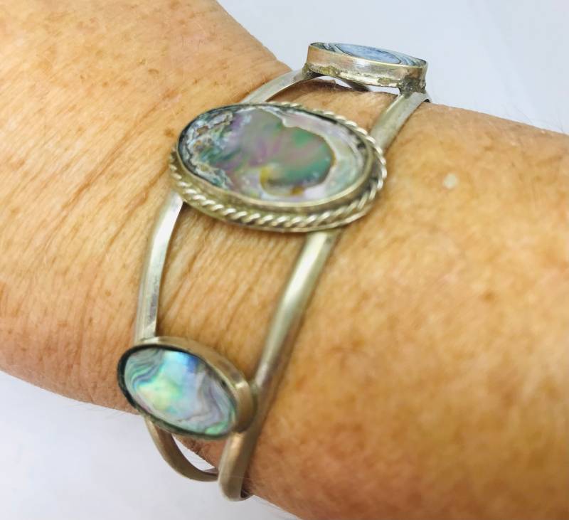 Abalone Silber Armreif - Vintage Freundin Geschenk Bezelsetcuff von KarynJamieDesigns