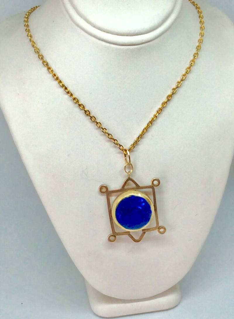 Echt Gold Anhänger - Blaue Kristall Halskette 10K Uhrengehäuse Geschenk Für Sie Vater Mutter Abstrakter Vintage von KarynJamieDesigns