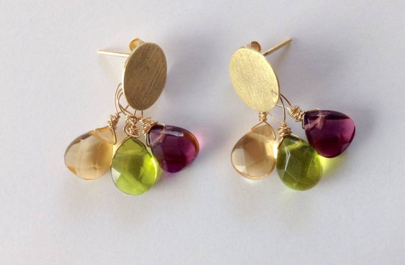 Kristall Und Gold Ohrringe - Briolette 14K Goldfilled Grün Lila Gelb Handgemacht von KarynJamieDesigns