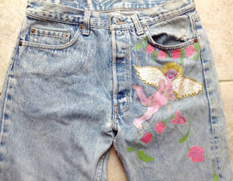 Levi 501 Jeans- Gemalt Jeans Auf Bestellung- Vintage - Distressed Verziert Mit Engeln- Herren von KarynJamieDesigns