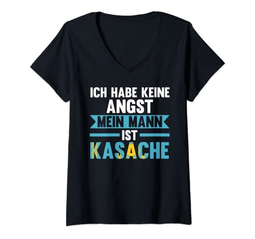 Damen Ich habe keine Angst mein Mann ist Kasache T-Shirt mit V-Ausschnitt Damen Ich habe keine Angst mein Mann ist Kasache T-Shirt mit V-Ausschnitt von Kasachische Familie Kasachstan Kasache Geschenk