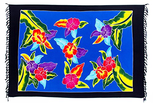 Kascha Sarong Pareo Wickelrock Strandtuch Tuch Wickeltuch Handtuch - Blickdicht - ca. 170cm x 110cm - Blau Schwarz Bunt mit Blumen Motiv Handgefertigt inkl. Kokos Schnalle in Rauteform von Kascha