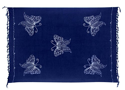 Kascha Sarong Pareo Wickelrock Strandtuch Tuch Wickeltuch Handtuch - Blickdicht - ca. 170cm x 110cm - Blau mit Schmetterling Stickerei Handgefertigt inkl. Kokos Schnalle in runder Form von Kascha