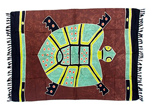 Kascha Sarong Pareo Wickelrock Strandtuch Tuch Wickeltuch Handtuch - Blickdicht - ca. 170cm x 110cm - Braun Grün Batik mit Schildkröte Motiv Handgefertigt inkl. Kokos Schnalle in Rauteform von Kascha