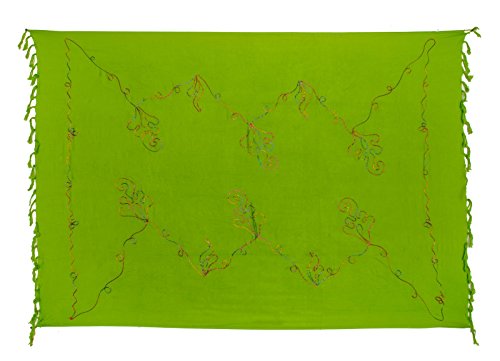 Kascha Sarong Pareo Wickelrock Strandtuch Tuch Wickeltuch Handtuch - Blickdicht - ca. 170cm x 110cm - Grün Einfarbig mit Bunter Stickerei Handgefertigt inkl. Kokos Schnalle in runder Form von Kascha