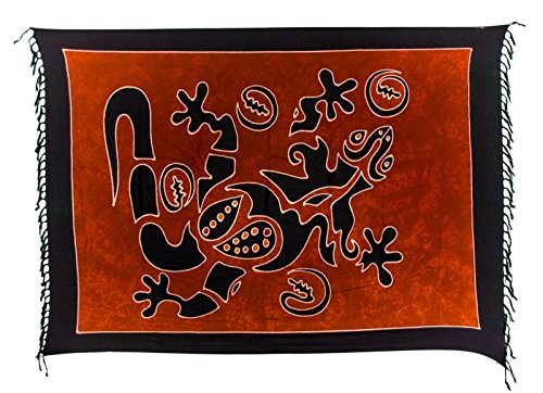 Kascha Sarong Pareo Wickelrock Strandtuch Tuch Wickeltuch Handtuch - Blickdicht - ca. 170cm x 110cm - Rot Blau Batik mit Gecko Motiv Handgefertigt inkl. Kokos Schnalle in Rauteform von Kascha