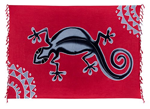 Kascha Sarong Pareo Wickelrock Strandtuch Tuch Wickeltuch Handtuch - Blickdicht - ca. 170cm x 110cm - Rot Grau mit Gecko Motiv Handgefertigt inkl. Kokos Schnalle in Rauteform von Kascha