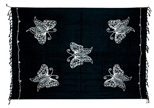 Kascha Sarong Pareo Wickelrock Strandtuch Tuch Wickeltuch Handtuch - Blickdicht - ca. 170cm x 110cm - Schwarz mit Schmetterling Stickerei Handgefertigt inkl. Kokos Schnalle in runder Form von Kascha