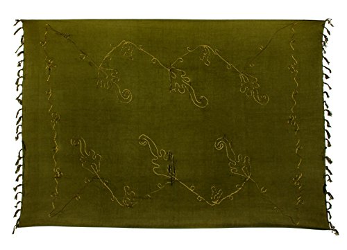 Sarong Pareo Wickelrock Strandtuch Tuch Wickeltuch Handtuch - Blickdicht - ca. 170cm x 110cm - Khaki Olive Einfarbig mit Stickerei Handgefertigt inkl. Kokos Schnalle in Schmetterlingform von Kascha