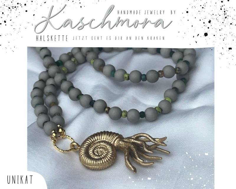 Halskette Mit Tieranhänger, Perlenkette Ammonit, Damen Kette, Boho, Grün Halskette Mit Tieranhänger, Perlenkette Ammonit, Damen Kette, Boho, Grün von Kaschmora