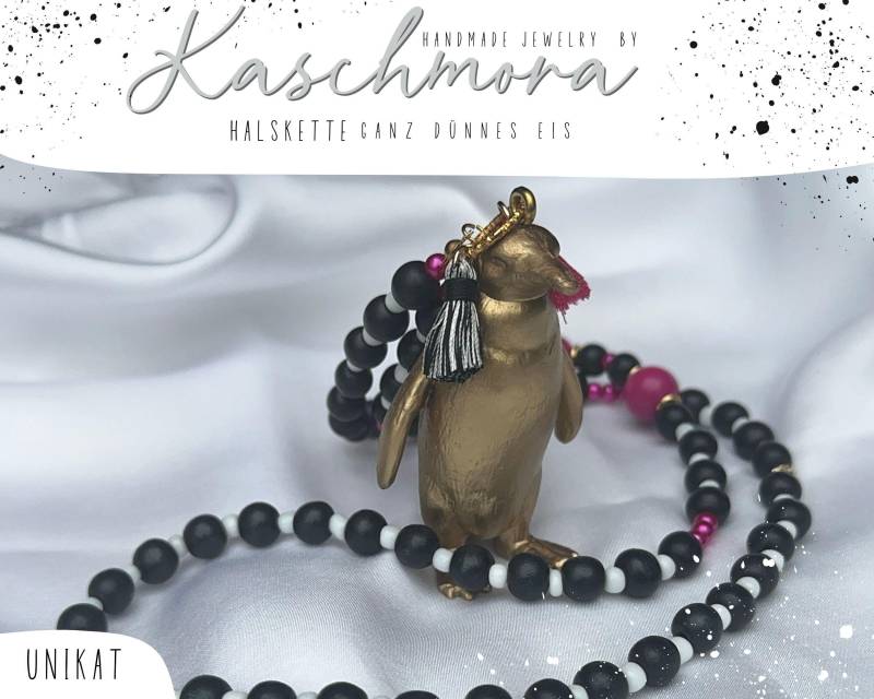 Halskette Mit Tieranhänger, Perlenkette Pinguin, Damen Kette, Boho, Schwarz-Weiß, Pink Halskette Mit Tieranhänger, Perlenkette Pinguin, Damen Kette, Boho, Schwarz-Weiß, Pink von Kaschmora
