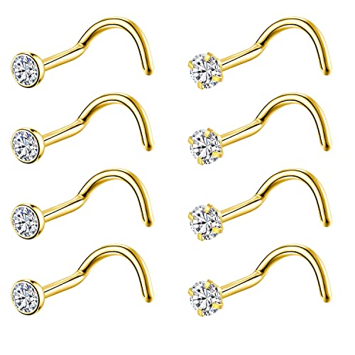 Nasenstecker G23 Titan Twist Screw Nasenstecker 18G 20G Nasenringe 2 mm 2,5 mm 3 mm Klar Rosa Lila Aurora CZ Gold Nasenstecker Nasenloch für Damen Herren Metall Edelstein Zirkonia 8 Stück von KaseStyle