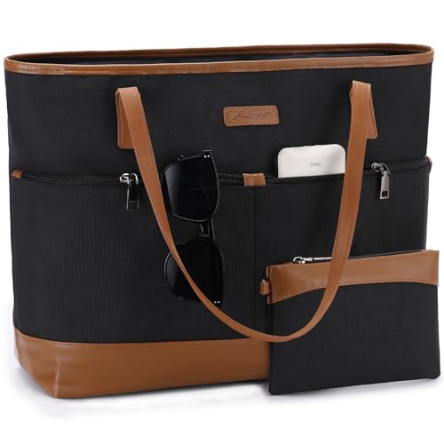Kasgo Handtasche Damen, Groß 16,8L Shopper Tote Bag mit 15.6 Zoll Laptopfach Wasserabweisend Laptop Tasche Schultertasche Aktentasche für Arbeit Reise Lehrer mit Gepäckmanschette Schwarz Braun von Kasgo