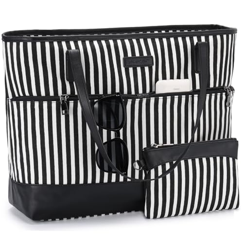 Kasgo Handtasche Damen, Groß Shopper Tote Bag 15.6 zoll Notebooktasche Wasserabweisend Laptop Tasche Schultertasche Aktentasche für Arbeit Reise Lehrer mit Gepäckmanschette Streifen von Kasgo